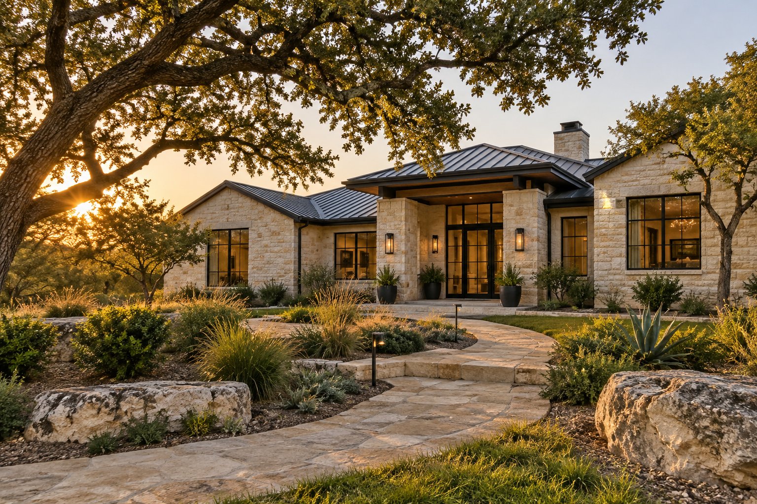 A limestone Hill Country style home under live oaks at golden hour, illustrative