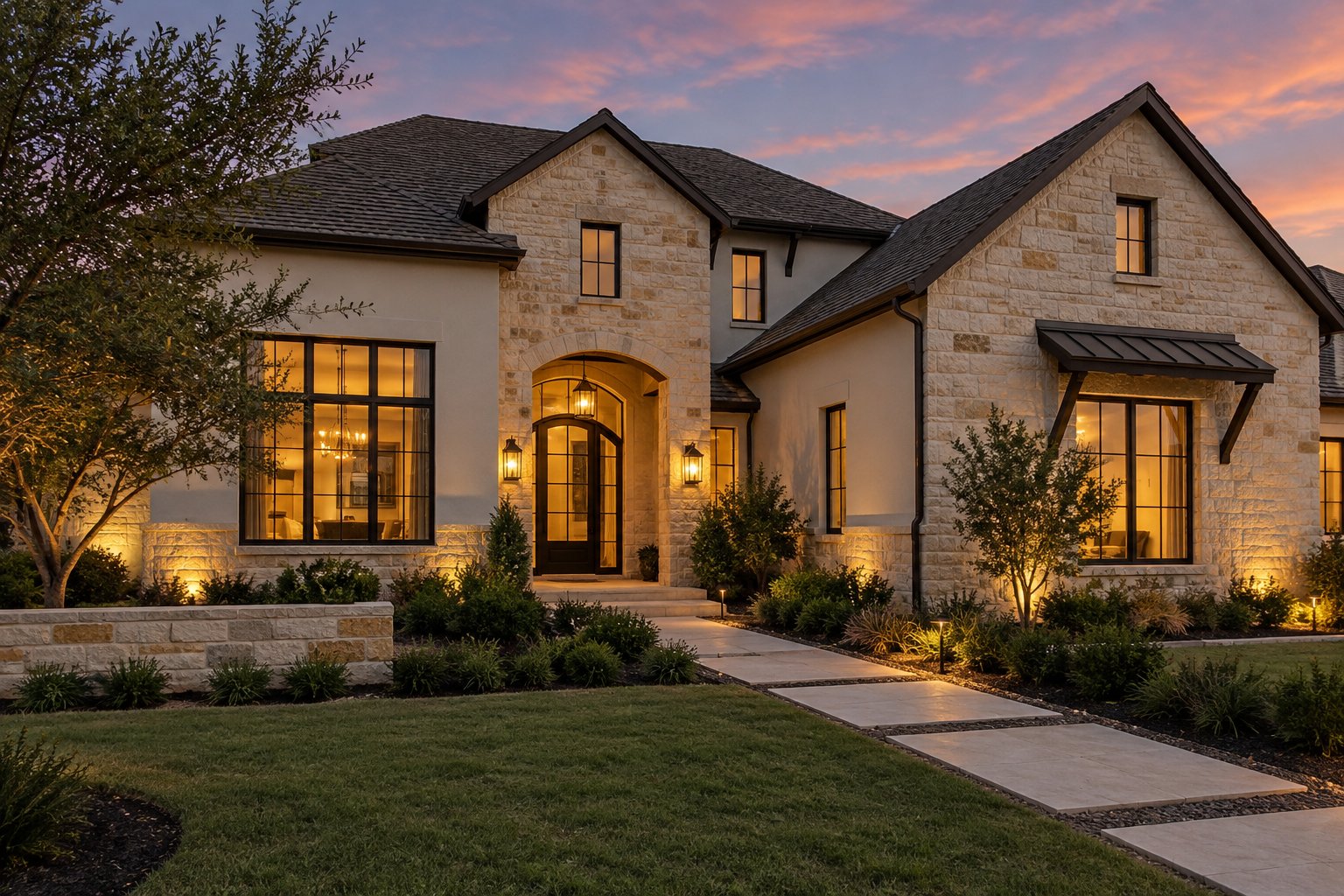 A Austin limestone home exterior at dusk, illustrative